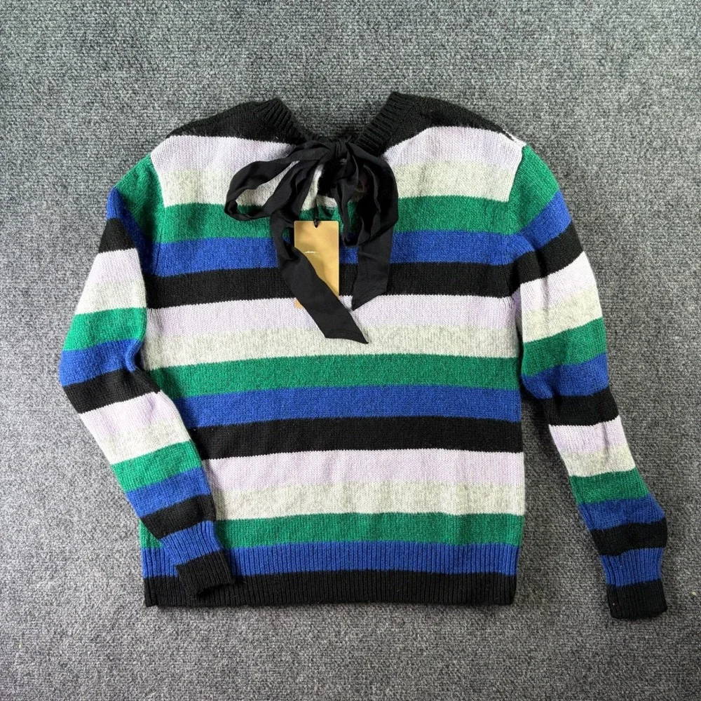 Halogen Striped Crewneck Sweater Womens Small Multicolor Back Ribbon Tie Preppy
